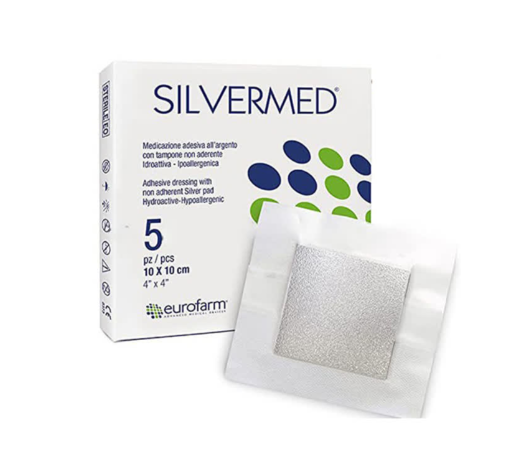 تصویر پانسمان حاوی نقره به نام سیلورمد 10×10 چسب دار مخصوص زخم های عفونی